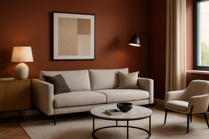 Wohnzimmer in Warm-Mahogany mit Smoky-Slate-Grundton, gemütliche Akzentwand, Zürich
